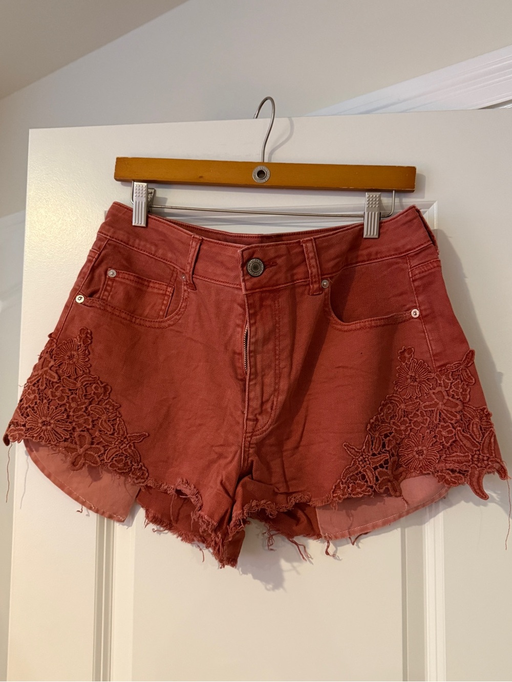 American Eagle Outfitters Rust Lace-Appliqué Denim Shorts